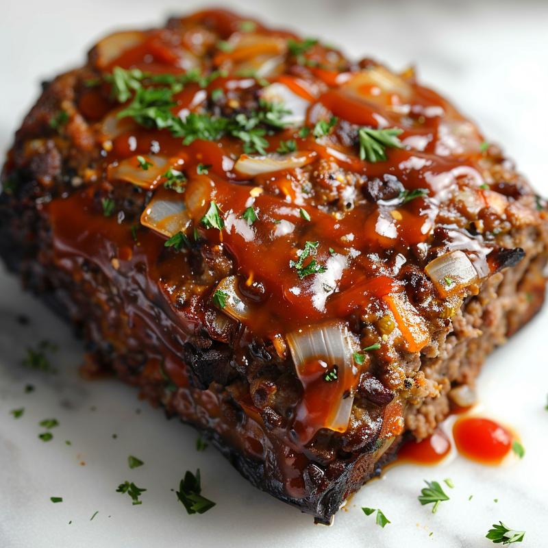 Close-up of a slice of meatloaf on a white marble surface.