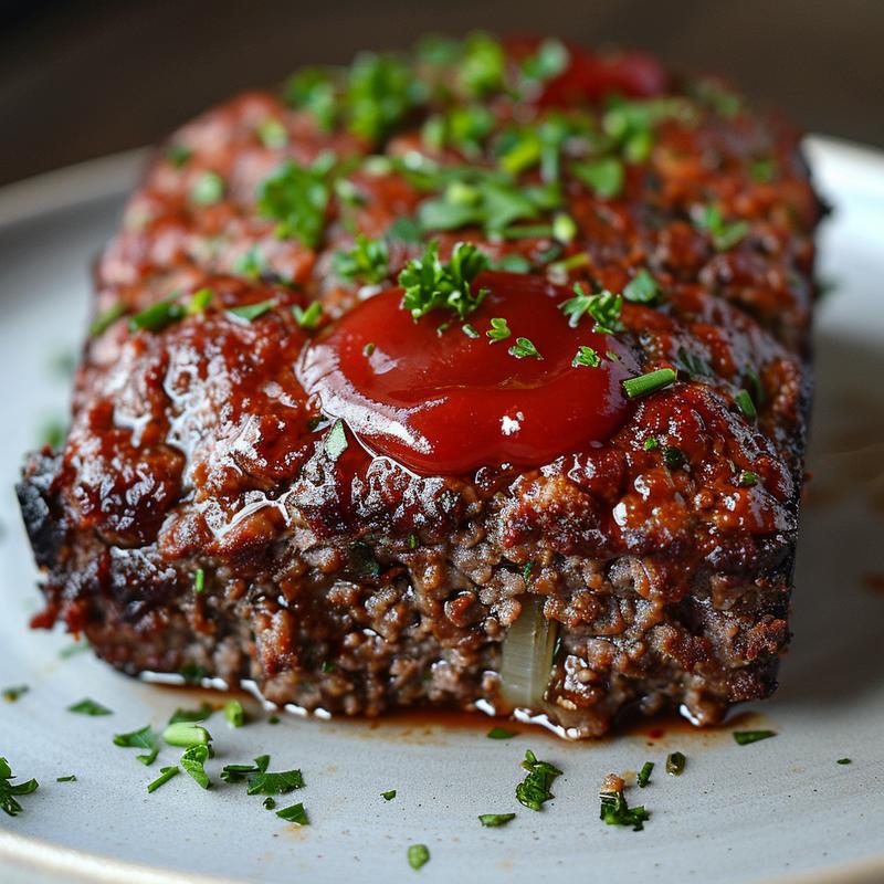 Close-up of a slice of meatloaf on a grey plate.