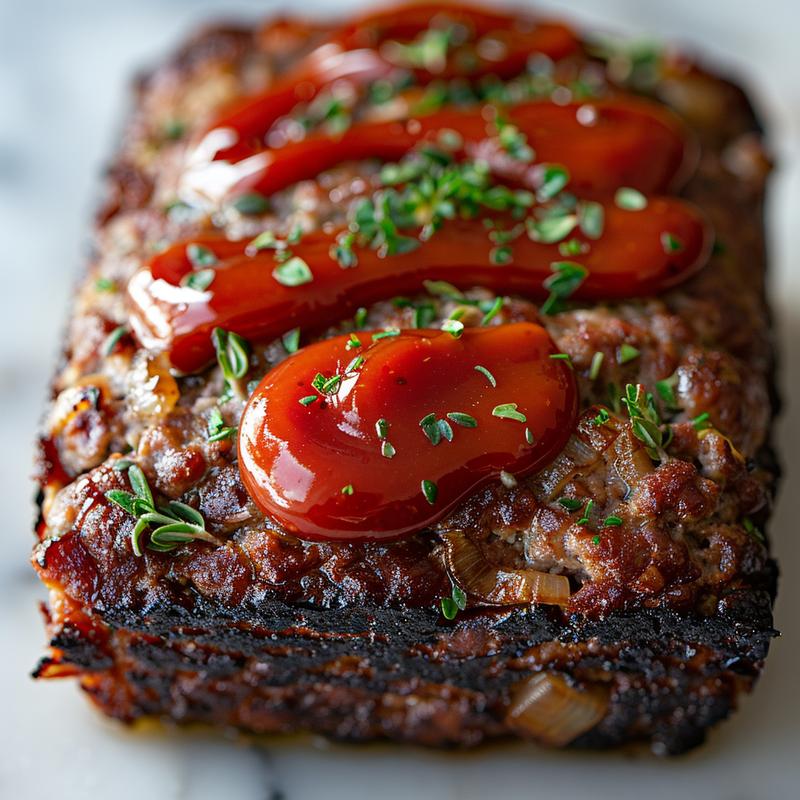 Close-up of classic meatloaf with visible ingredients and ketchup glaze.
