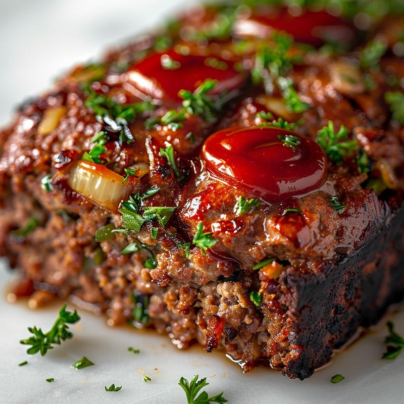 Close-up of a slice of meatloaf with visible ingredients and ketchup glaze on white marble.