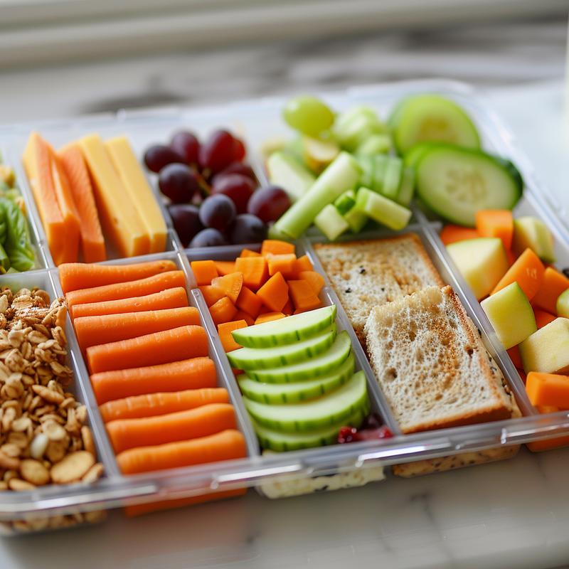 Close-up of a packed school lunch including a sandwich wrap, fruit, vegetables, snack, and drink on a white marble surface.