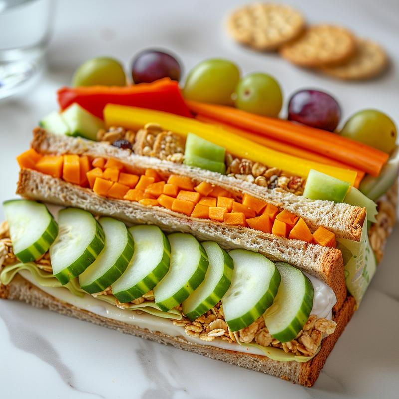 Close-up of packed school lunch with sandwich, fruit, veggies, snack, and drink on white marble.