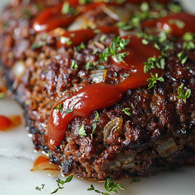 Close-up of a slice of meatloaf on white marble.