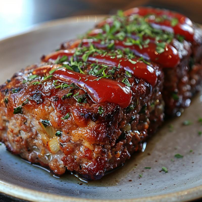 Close-up of meatloaf slice with visible ingredients, on grey plate.