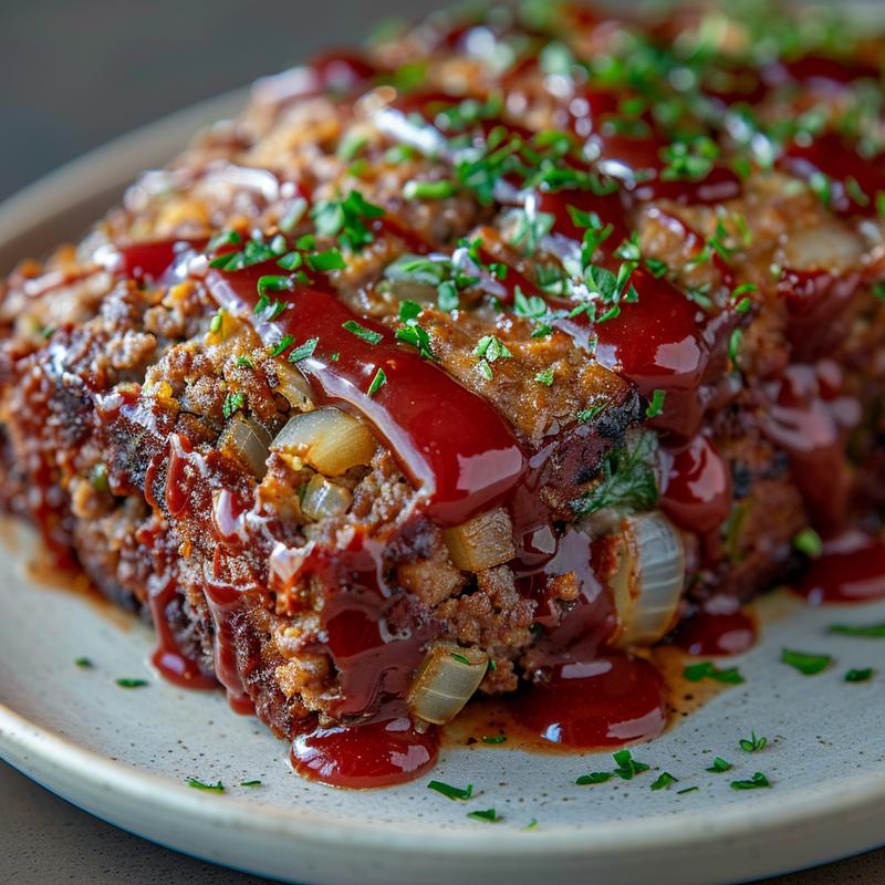 Close-up of a slice of meatloaf on a grey plate.