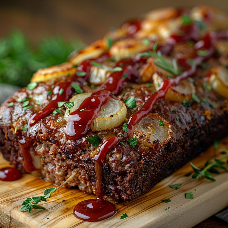 Close-up of meatloaf with visible ingredients and ketchup glaze.