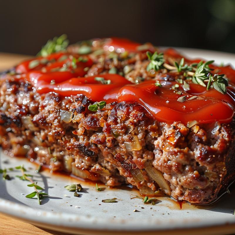 Close-up of meatloaf with visible ground beef, herbs, and ketchup glaze on a light grey plate.