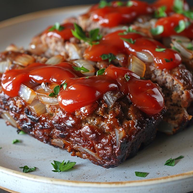 Close-up of a slice of meatloaf on a gray plate.